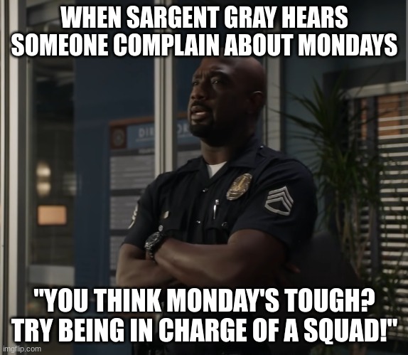 Sargent gray | WHEN SARGENT GRAY HEARS SOMEONE COMPLAIN ABOUT MONDAYS; "YOU THINK MONDAY'S TOUGH? TRY BEING IN CHARGE OF A SQUAD!" | image tagged in sargent gray | made w/ Imgflip meme maker