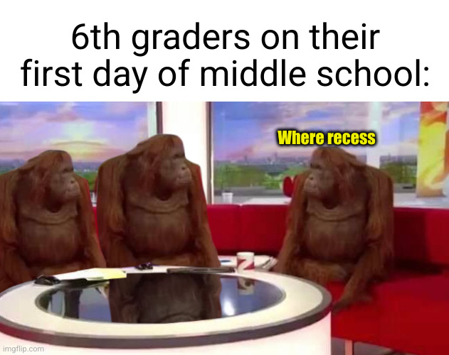 No more 4 square | 6th graders on their first day of middle school:; Where recess | image tagged in where monkey,middle school,funny,recess,school,sad but true | made w/ Imgflip meme maker