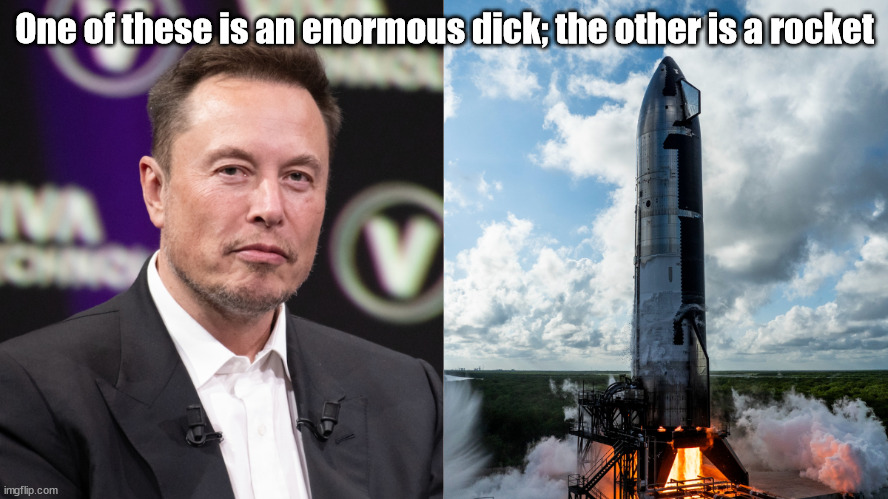 One of these is an enormous dick | One of these is an enormous dick; the other is a rocket | image tagged in elon musk,rocket envy | made w/ Imgflip meme maker