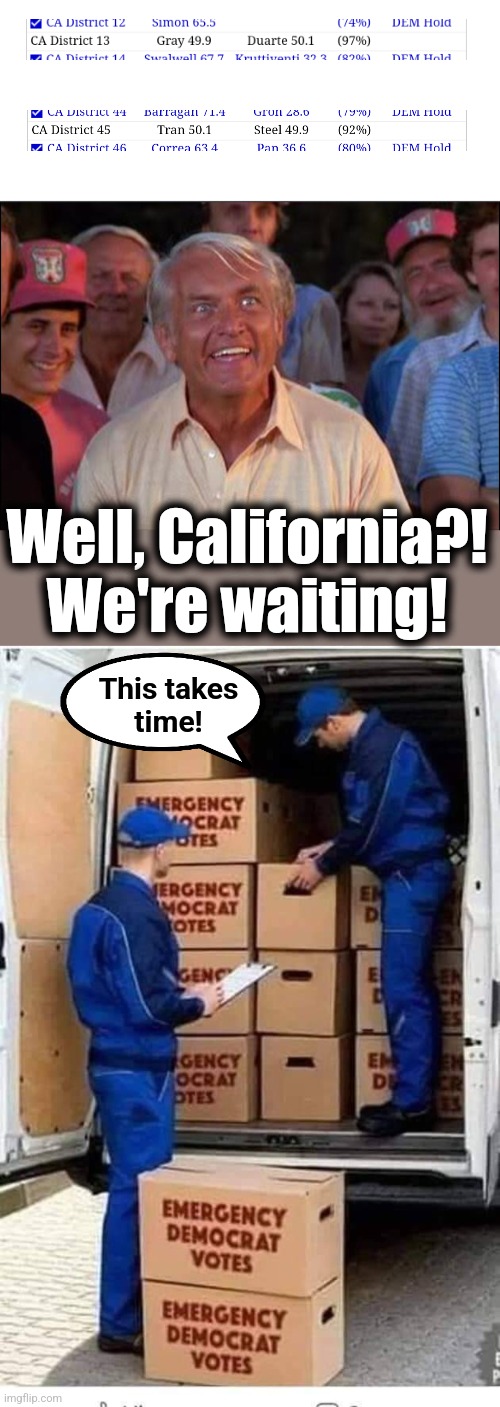 Well, California?!
We're waiting! This takes
time! | image tagged in well we're waiting,emergency democrat votes,memes,california,house election,democrats | made w/ Imgflip meme maker