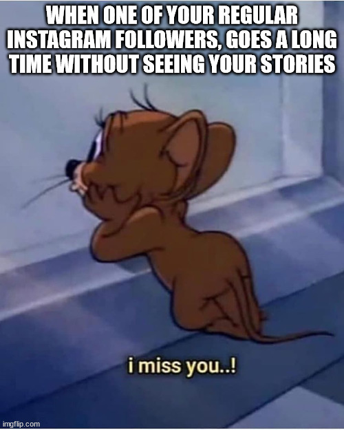 Stories are not the same without you! | WHEN ONE OF YOUR REGULAR INSTAGRAM FOLLOWERS, GOES A LONG TIME WITHOUT SEEING YOUR STORIES | image tagged in i miss you,instagram,insta stories,stories,social media | made w/ Imgflip meme maker