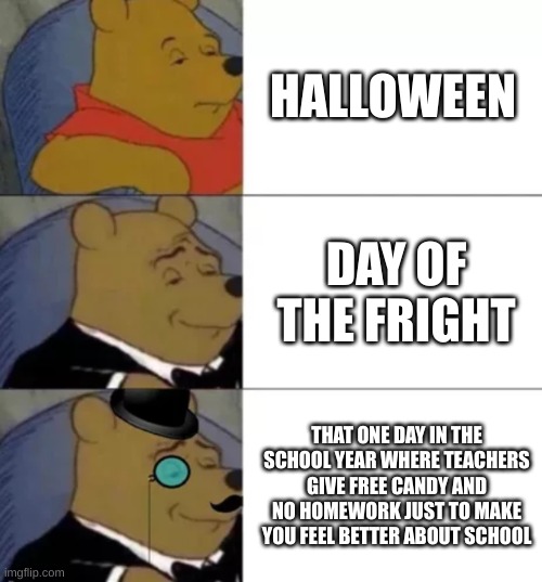 Fact | HALLOWEEN; DAY OF THE FRIGHT; THAT ONE DAY IN THE SCHOOL YEAR WHERE TEACHERS GIVE FREE CANDY AND NO HOMEWORK JUST TO MAKE YOU FEEL BETTER ABOUT SCHOOL | image tagged in fancy pooh | made w/ Imgflip meme maker