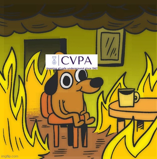 This is a simulated area in a world where an infection got so bad, the CVPA got ripped apart by it. Do not leave the area, but y | image tagged in this is fine single no border | made w/ Imgflip meme maker