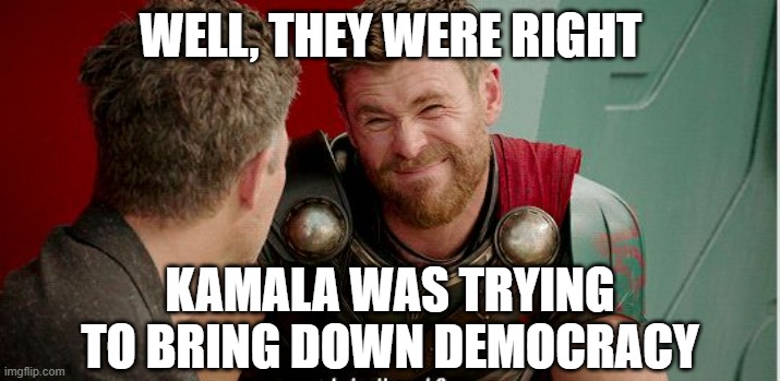 Thor is he though | WELL, THEY WERE RIGHT KAMALA WAS TRYING TO BRING DOWN DEMOCRACY | image tagged in thor is he though | made w/ Imgflip meme maker