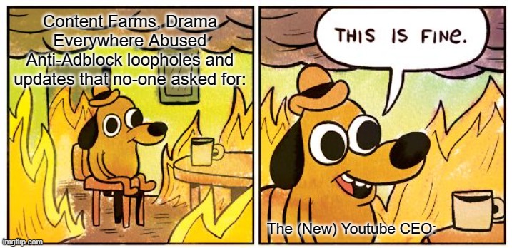 Youtube Right now 2: The History repeated itself! | Content Farms, Drama Everywhere Abused Anti-Adblock loopholes and updates that no-one asked for:; The (New) Youtube CEO: | image tagged in memes,this is fine | made w/ Imgflip meme maker