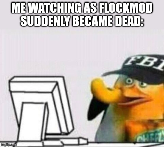 where did everyone go | ME WATCHING AS FLOCKMOD SUDDENLY BECAME DEAD: | image tagged in fbi | made w/ Imgflip meme maker