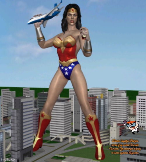 Dexter Yells at Wonder Woman | Dexter: [angrily] Did you eat one of my cookies, Wonder Woman? You know you’re going to become a giantess. A giantess. | image tagged in dexters lab,cartoon network,dc comics,giant,city,justice league | made w/ Imgflip meme maker