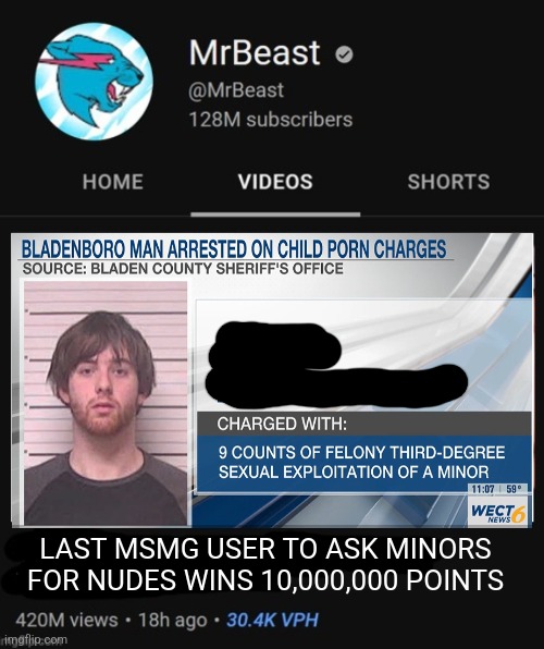 MrBeast thumbnail template | LAST MSMG USER TO ASK MINORS FOR NUDES WINS 10,000,000 POINTS | image tagged in mrbeast thumbnail template | made w/ Imgflip meme maker