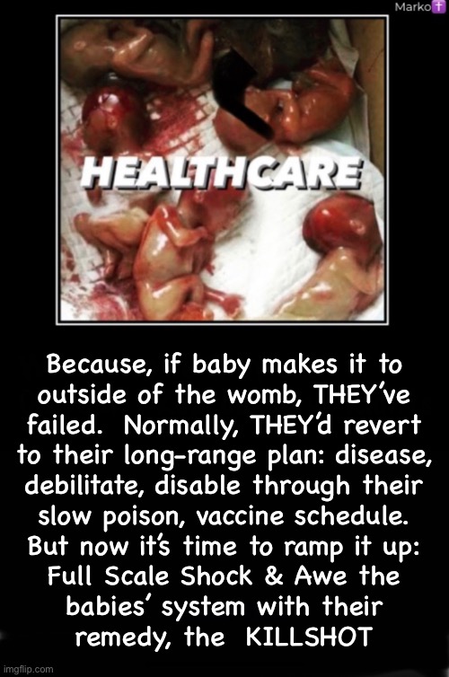 Why do THEY hate humanity so much? | Because, if baby makes it to
outside of the womb, THEY’ve
failed.  Normally, THEY’d revert
to their long-range plan: disease,
debilitate, disable through their
slow poison, vaccine schedule.
But now it’s time to ramp it up:
Full Scale Shock & Awe the
babies’ system with their
remedy, the  KILLSHOT | image tagged in memes,evil leftists,pr r the worst | made w/ Imgflip meme maker