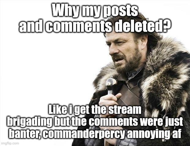 Brace Yourselves X is Coming | Why my posts and comments deleted? Like i get the stream brigading but the comments were just banter, commanderpercy annoying af | image tagged in memes,brace yourselves x is coming | made w/ Imgflip meme maker