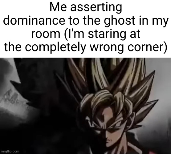 nah, not in my house | Me asserting dominance to the ghost in my room (I'm staring at the completely wrong corner) | image tagged in goku staring,ghost,goku,so true,scary,assert dominance | made w/ Imgflip meme maker