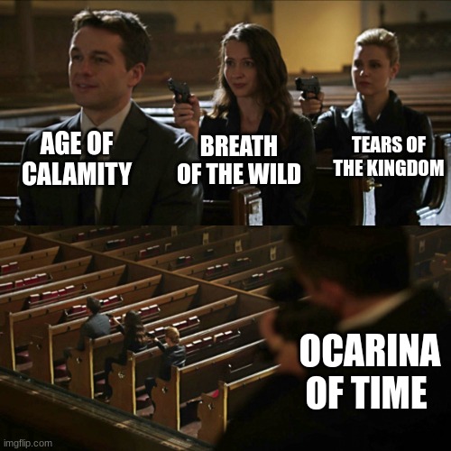 Assassination chain | AGE OF CALAMITY; TEARS OF THE KINGDOM; BREATH OF THE WILD; OCARINA OF TIME | image tagged in assassination chain | made w/ Imgflip meme maker