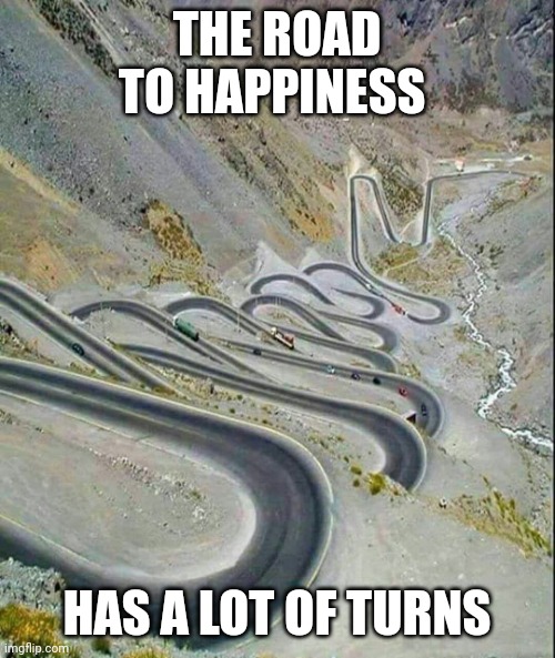 Road to happiness | THE ROAD TO HAPPINESS; HAS A LOT OF TURNS | image tagged in winding road,funny memes | made w/ Imgflip meme maker