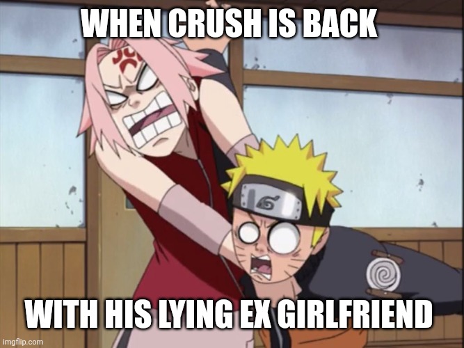 naruto and sakura | WHEN CRUSH IS BACK; WITH HIS LYING EX GIRLFRIEND | image tagged in naruto and sakura | made w/ Imgflip meme maker