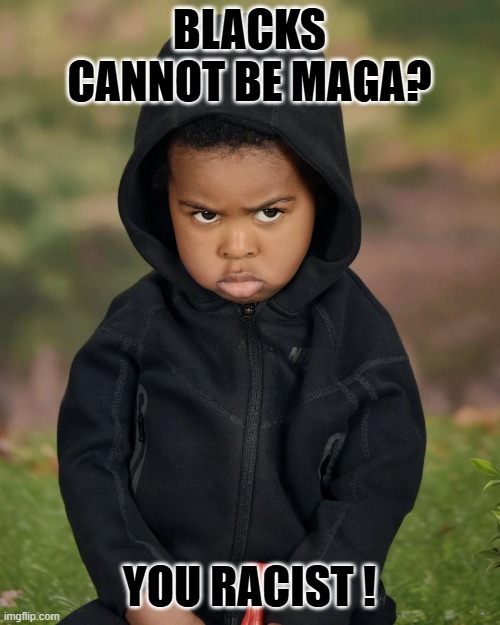 angry black kid | BLACKS CANNOT BE MAGA? YOU RACIST ! | image tagged in angry black kid | made w/ Imgflip meme maker