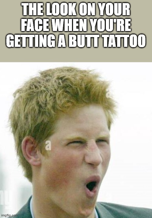 When You're Getting A Butt Tattoo | THE LOOK ON YOUR FACE WHEN YOU'RE GETTING A BUTT TATTOO | image tagged in prince harry,butt,tattoo,pain,funny,memes | made w/ Imgflip meme maker