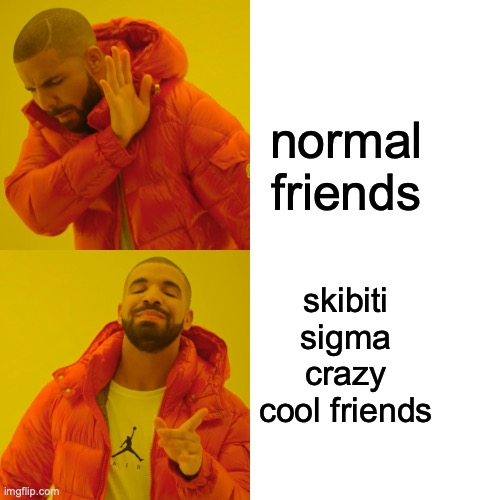 Drake Hotline Bling | normal friends; skibiti sigma crazy cool friends | image tagged in memes,drake hotline bling | made w/ Imgflip meme maker