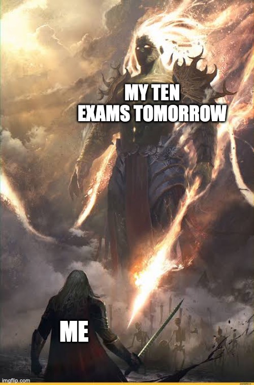 exammmmmms | MY TEN EXAMS TOMORROW; ME | image tagged in small warrior vs giant | made w/ Imgflip meme maker