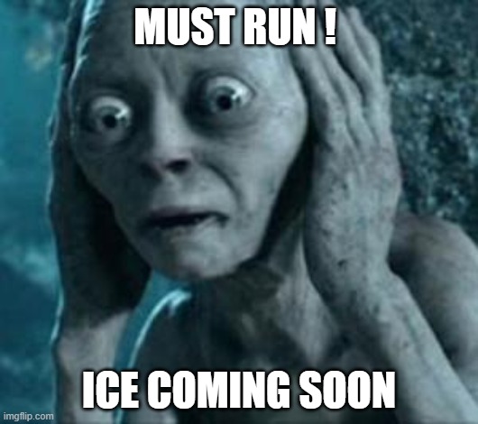 Scared Gollum | MUST RUN ! ICE COMING SOON | image tagged in scared gollum | made w/ Imgflip meme maker