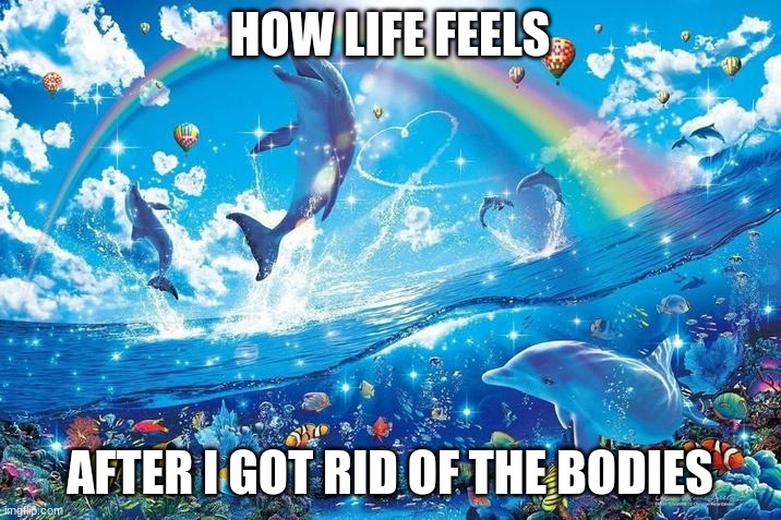 Happy dolphin rainbow | HOW LIFE FEELS; AFTER I GOT RID OF THE BODIES | image tagged in happy dolphin rainbow | made w/ Imgflip meme maker