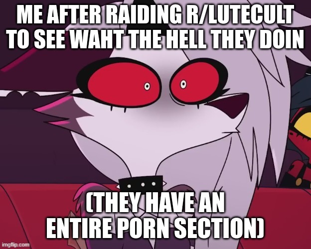 fans of hazbin who have reddit will know what i mean | ME AFTER RAIDING R/LUTECULT TO SEE WAHT THE HELL THEY DOIN; (THEY HAVE AN ENTIRE PORN SECTION) | image tagged in loona being terrified | made w/ Imgflip meme maker