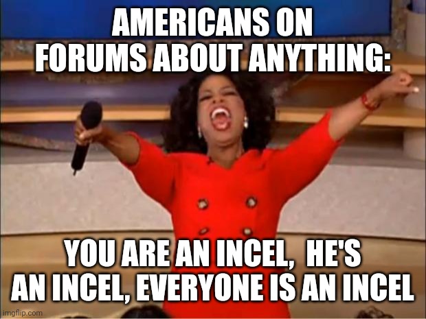 Why are you so fond of that word? | AMERICANS ON FORUMS ABOUT ANYTHING:; YOU ARE AN INCEL,  HE'S AN INCEL, EVERYONE IS AN INCEL | image tagged in memes,oprah you get a | made w/ Imgflip meme maker