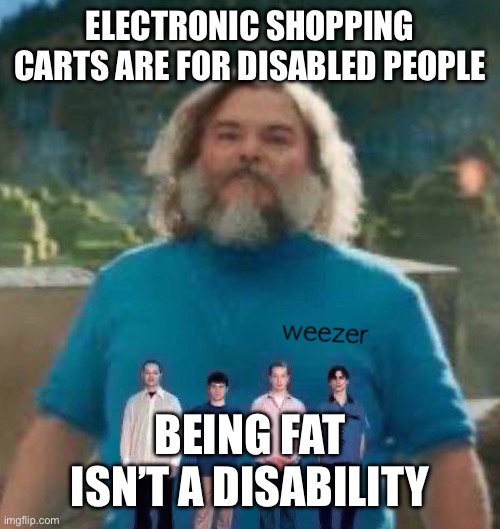 I am Steve weezer | ELECTRONIC SHOPPING CARTS ARE FOR DISABLED PEOPLE; BEING FAT ISN’T A DISABILITY | image tagged in i am steve weezer | made w/ Imgflip meme maker