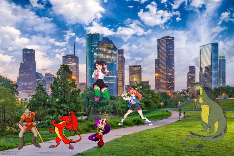 Five Heroes Against Singe The Dragon | image tagged in houston,texas,video game,dragon,skyline,city | made w/ Imgflip meme maker