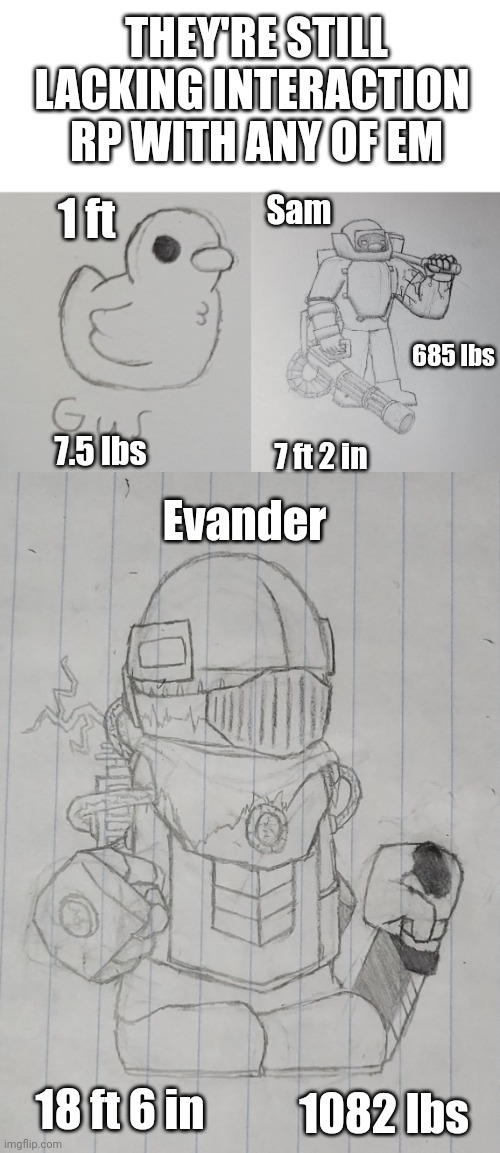 Also I'm just stupid bored | THEY'RE STILL LACKING INTERACTION 
RP WITH ANY OF EM; Sam; 1 ft; 685 lbs; 7.5 lbs; 7 ft 2 in; Evander; 18 ft 6 in; 1082 lbs | image tagged in gus the duck,sam the duckernaut v2,evander the executioner | made w/ Imgflip meme maker