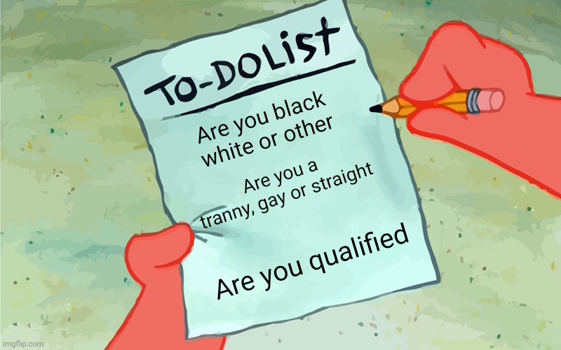 Are you black white or other Are you a tranny, gay or straight Are you qualified | image tagged in patrick to do list actually blank | made w/ Imgflip meme maker