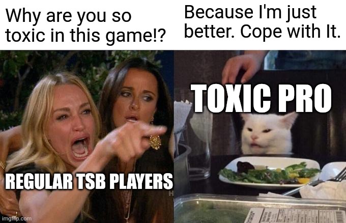 This always happens in TSB. | Because I'm just better. Cope with It. Why are you so toxic in this game!? TOXIC PRO; REGULAR TSB PLAYERS | image tagged in memes,woman yelling at cat,roblox,strongest battlegrounds | made w/ Imgflip meme maker