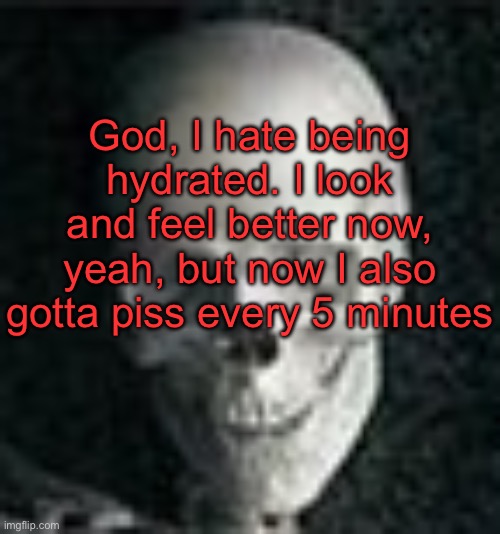 . | God, I hate being hydrated. I look and feel better now, yeah, but now I also gotta piss every 5 minutes | image tagged in skull | made w/ Imgflip meme maker