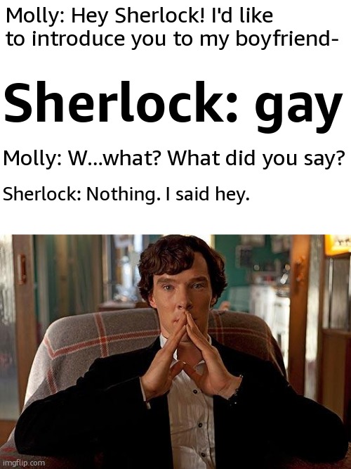 gay | Molly: Hey Sherlock! I'd like to introduce you to my boyfriend-; Sherlock: gay; Molly: W...what? What did you say? Sherlock: Nothing. I said hey. | image tagged in sherlock | made w/ Imgflip meme maker