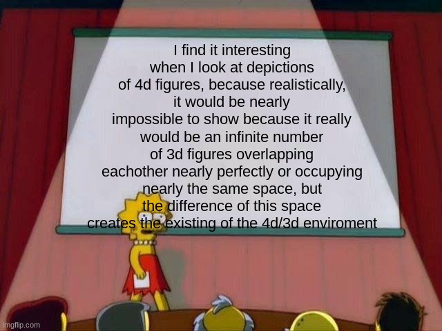 Lisa Simpson's Presentation | I find it interesting when I look at depictions of 4d figures, because realistically, it would be nearly impossible to show because it really would be an infinite number of 3d figures overlapping eachother nearly perfectly or occupying nearly the same space, but the difference of this space creates the existing of the 4d/3d enviroment | image tagged in lisa simpson's presentation | made w/ Imgflip meme maker