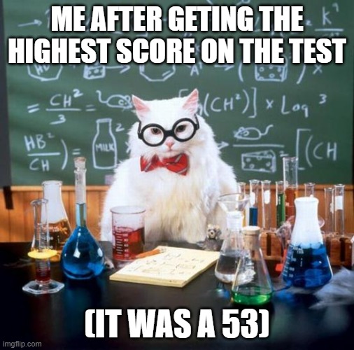 Chemistry Cat | ME AFTER GETING THE HIGHEST SCORE ON THE TEST; (IT WAS A 53) | image tagged in memes,chemistry cat | made w/ Imgflip meme maker