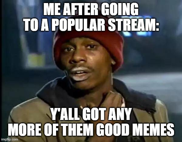 Y'all Got Any More Of That | ME AFTER GOING TO A POPULAR STREAM:; Y'ALL GOT ANY MORE OF THEM GOOD MEMES | image tagged in memes,y'all got any more of that | made w/ Imgflip meme maker