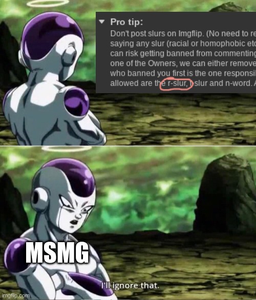 i believe I have seen at least 10 people break the rule and continue going about it. Oh well. | MSMG | image tagged in frieza ignoring | made w/ Imgflip meme maker