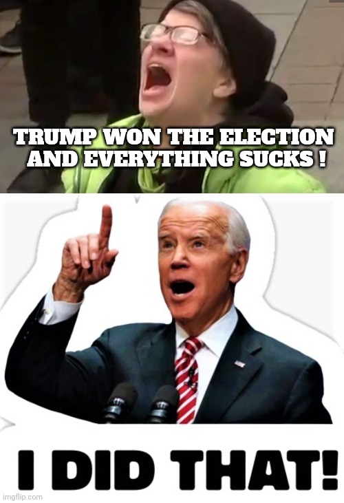 TRUMP WON THE ELECTION 
AND EVERYTHING SUCKS ! | image tagged in screaming liberal,biden - i did that | made w/ Imgflip meme maker