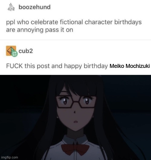 Yes I am normal about her how can you tell? | Meiko Mochizuki | image tagged in people who celebrate fictional birthdays are annoying,digimon,digimon adventure,digimon adventure tri,meiko mochizuki,anime | made w/ Imgflip meme maker