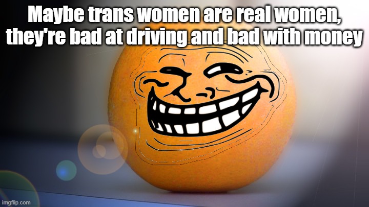 Troll orange | Maybe trans women are real women, they're bad at driving and bad with money | image tagged in troll orange | made w/ Imgflip meme maker