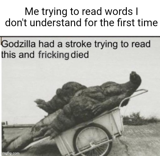 I had a stroke reading words I didn't understand the first time | Me trying to read words I don't understand for the first time | image tagged in godzilla had a stroke trying to read this and fricking died | made w/ Imgflip meme maker