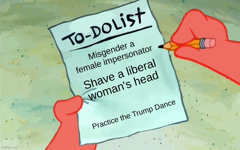 Yeah, Science! | Misgender a female impersonator; Shave a liberal woman's head; Practice the Trump Dance | image tagged in patrick to do list actually blank | made w/ Imgflip meme maker