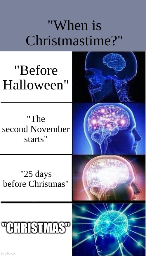 Because that's literally the definition of Chrismastime. | "When is Christmastime?"; "Before Halloween"; "The second November starts"; "25 days before Christmas"; "CHRISTMAS" | image tagged in memes,expanding brain | made w/ Imgflip meme maker