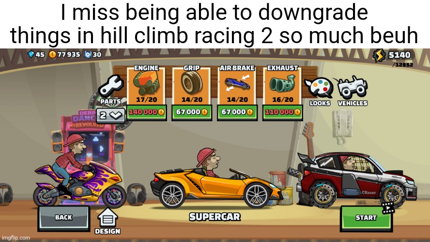 I miss being able to downgrade things in hill climb racing 2 so much beuh | made w/ Imgflip meme maker