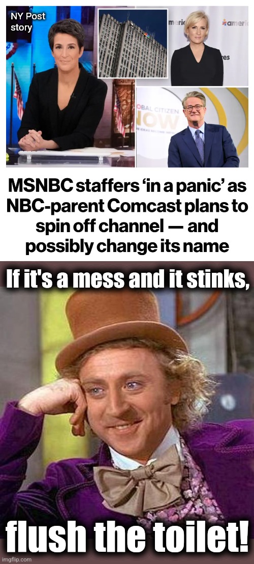 NY Post
story; If it's a mess and it stinks, flush the toilet! | image tagged in memes,creepy condescending wonka,msnbc,comcast,democrats,trump derangement syndrome | made w/ Imgflip meme maker