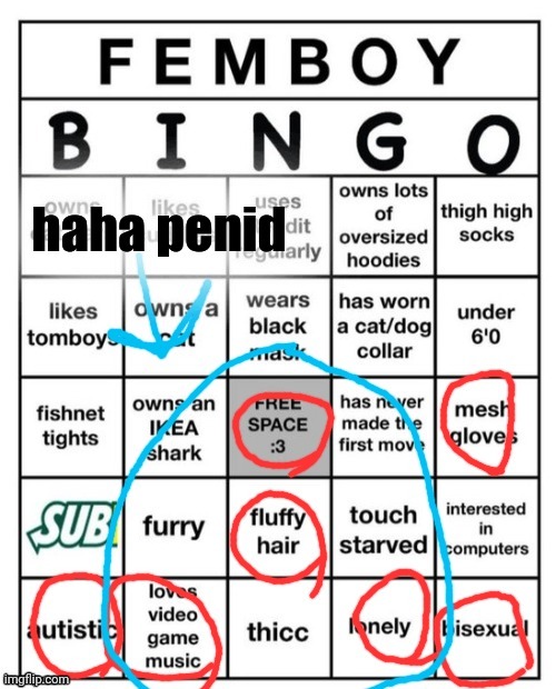 image tagged in femboy bingo | made w/ Imgflip meme maker