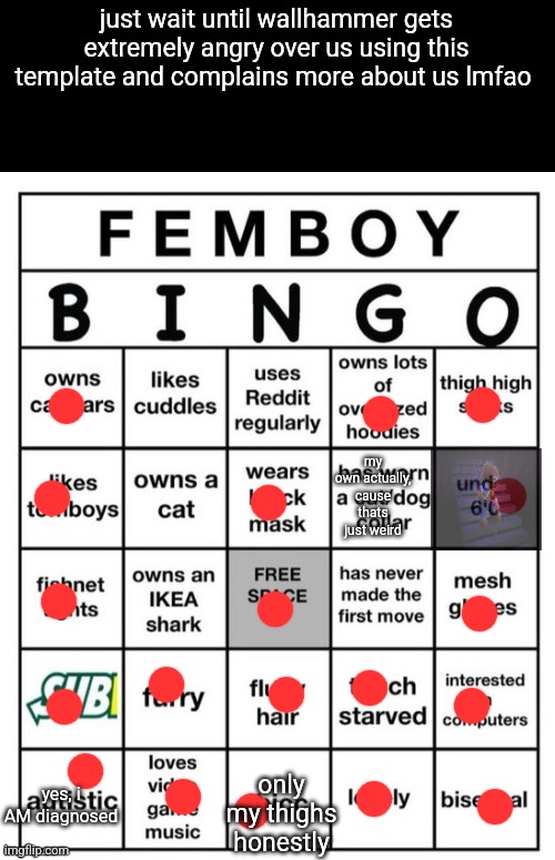 Femboy Bingo | just wait until wallhammer gets extremely angry over us using this template and complains more about us lmfao; my own actually, cause thats just weird; yes, i AM diagnosed; only my thighs honestly | image tagged in femboy bingo | made w/ Imgflip meme maker