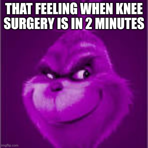 purple grinch | THAT FEELING WHEN KNEE SURGERY IS IN 2 MINUTES | image tagged in purple grinch | made w/ Imgflip meme maker