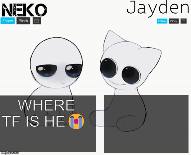 Jayden and Neko shared temp | WHERE TF IS HE😭 | image tagged in jayden and neko shared temp | made w/ Imgflip meme maker