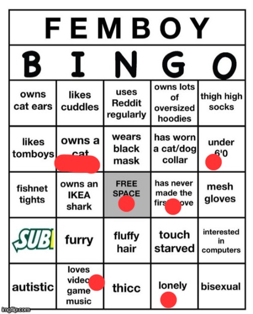 good I'm not a femboy | image tagged in femboy bingo | made w/ Imgflip meme maker